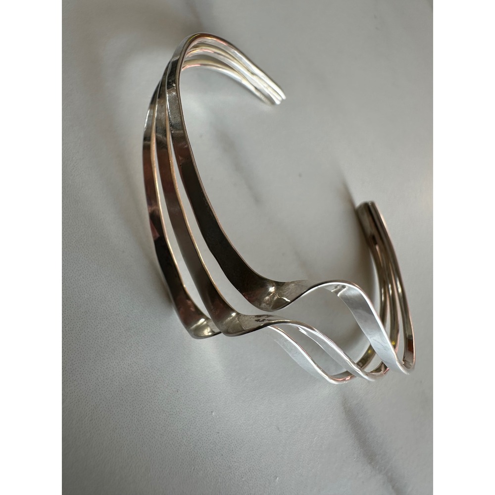 Sterling Silver Triple Band Wave Cuff Bracelet Modernist Minimalist 9.6g